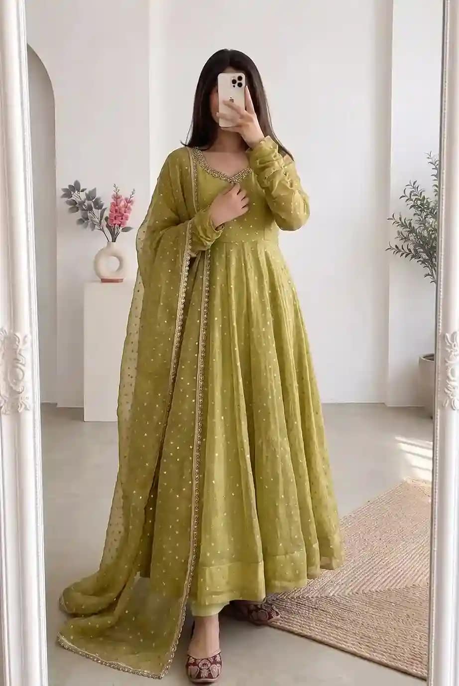 Moss Butti Silk Mirror Work Gown Set 3 Moss Butti Silk Mirror Work Gown Set - Image 3
