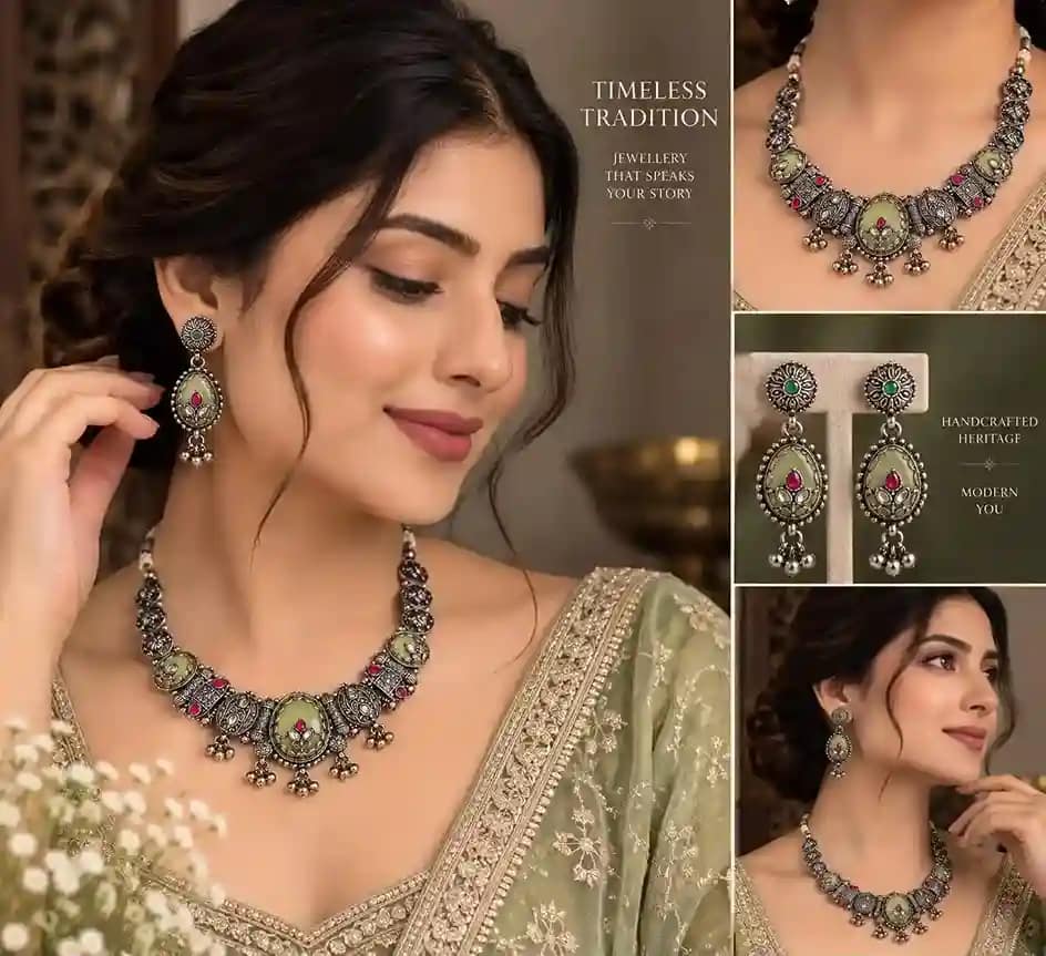 Premium Oxidised Silver Necklace & Earring Set - Image 19