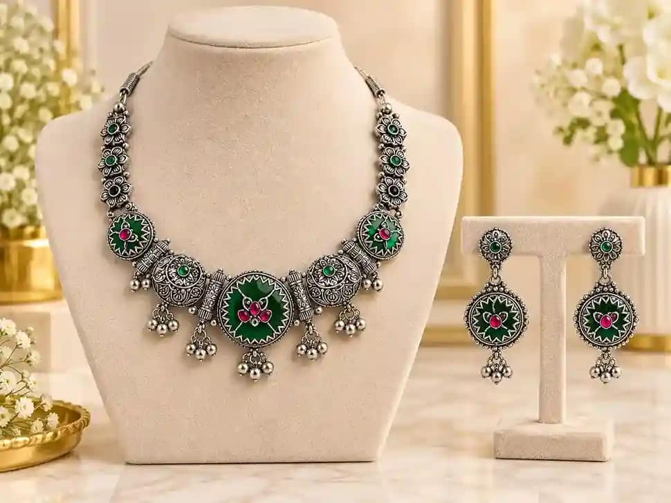 Premium Oxidised Silver Necklace & Earring Set - Image 5