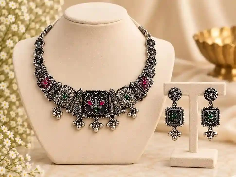 Premium Oxidised Silver Necklace & Earring Set - Image 6