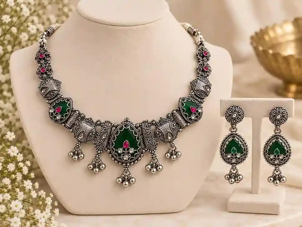 Premium Oxidised Silver Necklace & Earring Set - Image 9