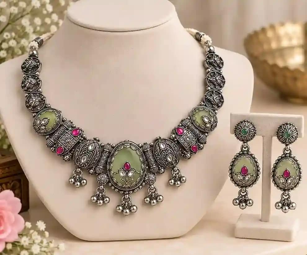 Premium Oxidised Silver Necklace & Earring Set - Image 4