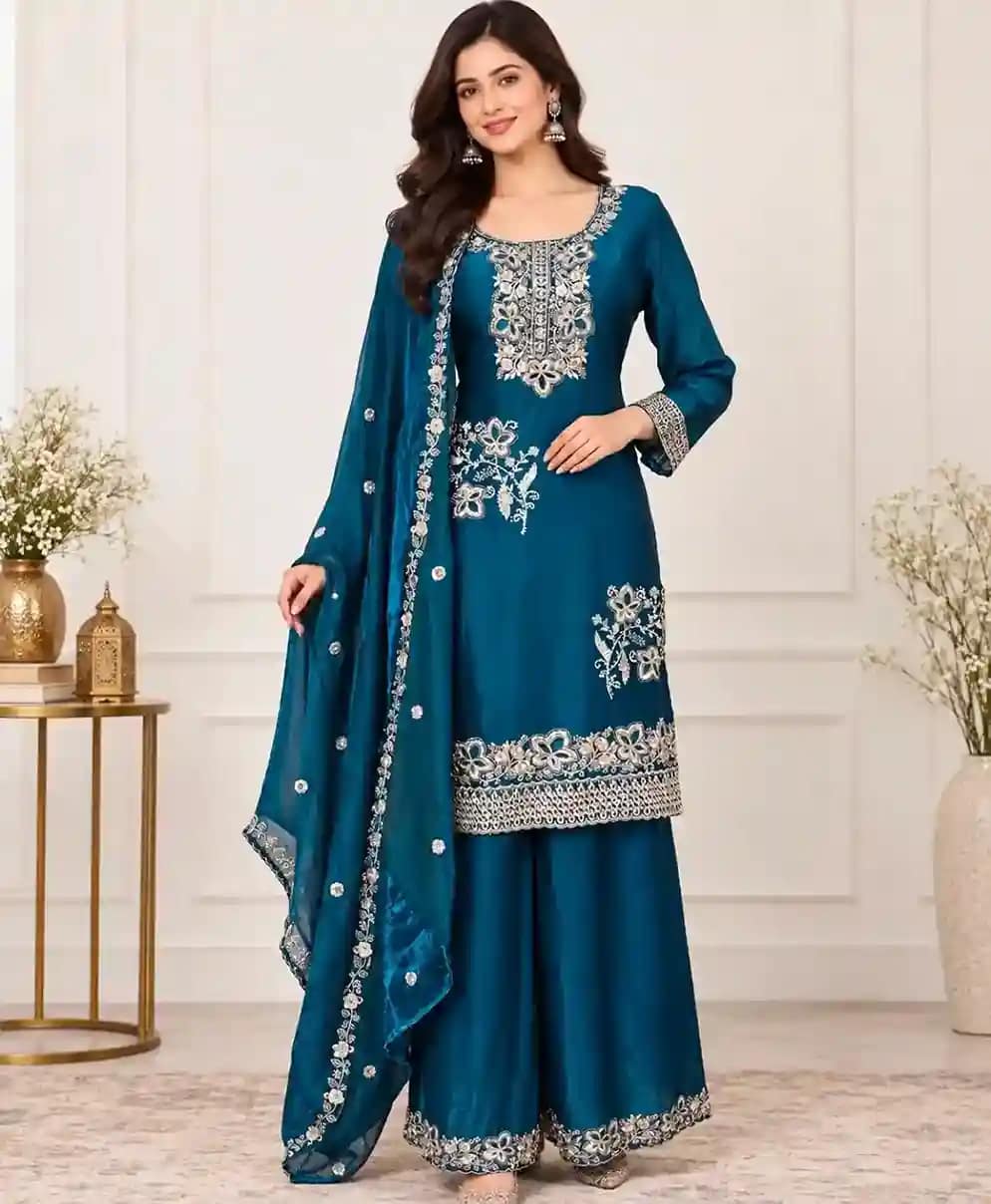 Elegant Teal Blue Fendy Silk Embroidered Sharara Suit Set - Image 3