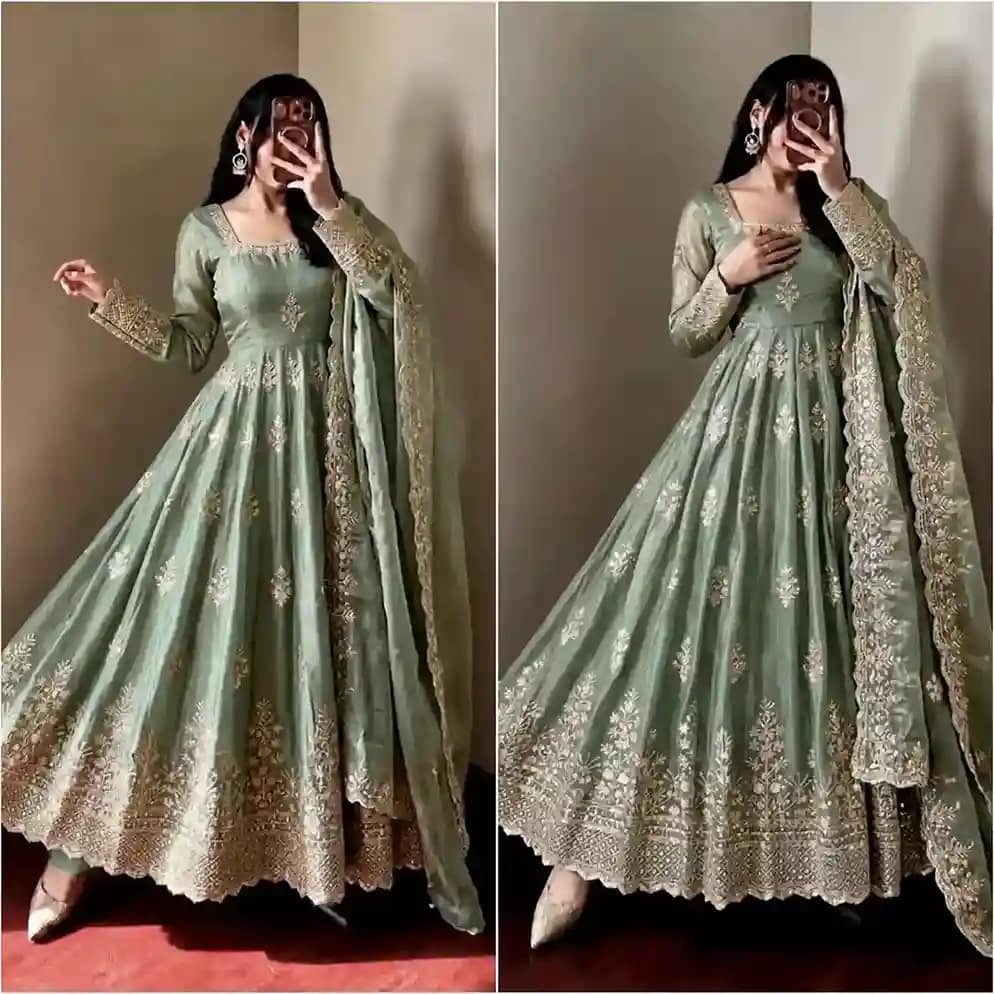 Designer Fendy Silk Gown with Sequin Embroidery Dupatta 3 Designer Fendy Silk Gown with Sequin Embroidery Dupatta - Image 3